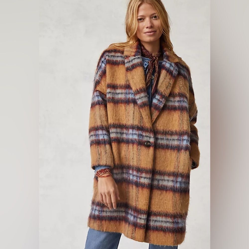 Anthropologie See U Soon Brushed Plaid Coat NWT